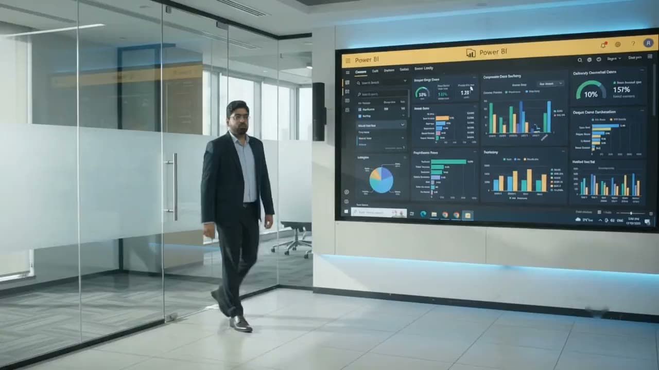 Corporate trainer presenting Power BI dashboards in a modern training room